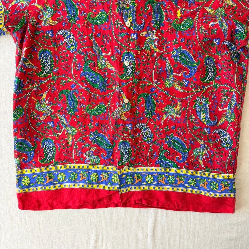 Polo Ralph Lauren Paisley Crane Linen Button Down Shirt Mens Large Red